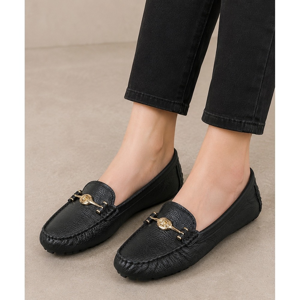 Coach Arlene Black Leather Driving Loafers 8B Turnlock Gold Quiet Luxury Flats
